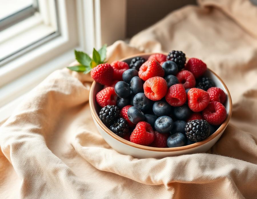 A ceramic bowl of mixed fresh berries on linen in morning light