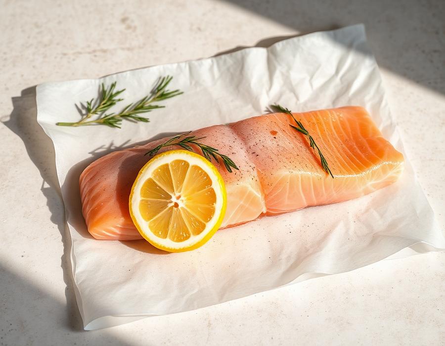 A raw salmon fillet with lemon and herbs on parchment paper