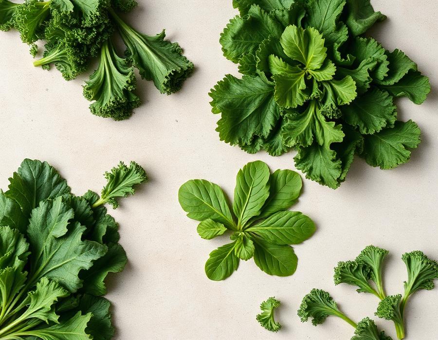 Fresh spinach and kale leaves arranged on a pale stone surface