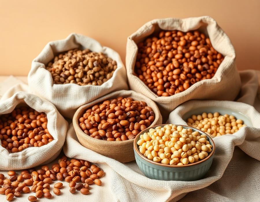 Dried beans, lentils and chickpeas in linen sacks and bowls