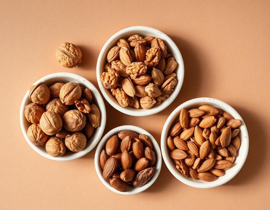 Walnuts, almonds and seeds in small ceramic dishes