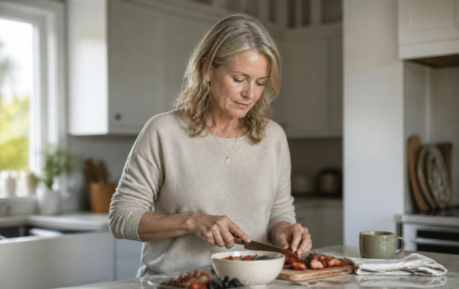 A woman in her fifties slicing fresh fruit at her kitchen counter in morning light