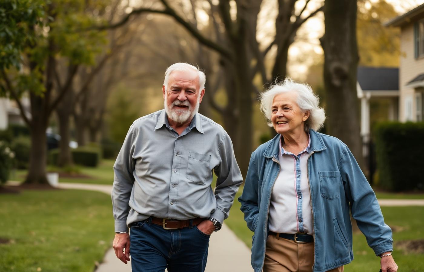 Two adults in their sixties walking together along a tree-lined neighborhood sidewalk